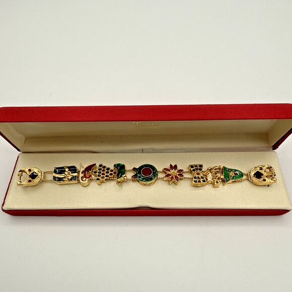 Tacoa Christmas Charm Bracelet 7.5" Gold Tone Boxed Holiday Jewelry Gift - Picture 11 of 15